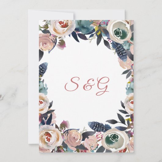 Elegant Stoffig Roze Blauw Bloemen Krans Bruiloft Kaart (Achterkant)