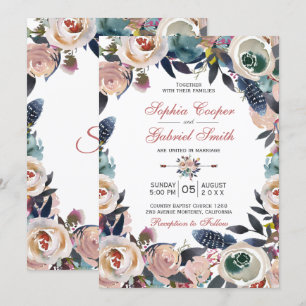 Elegant Stoffig Roze Blauw Bloemen Krans Bruiloft Kaart