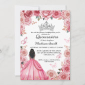 Elegant Stoffig Roze Bloemen Vlinder Quinceanera Kaart (Voorkant)