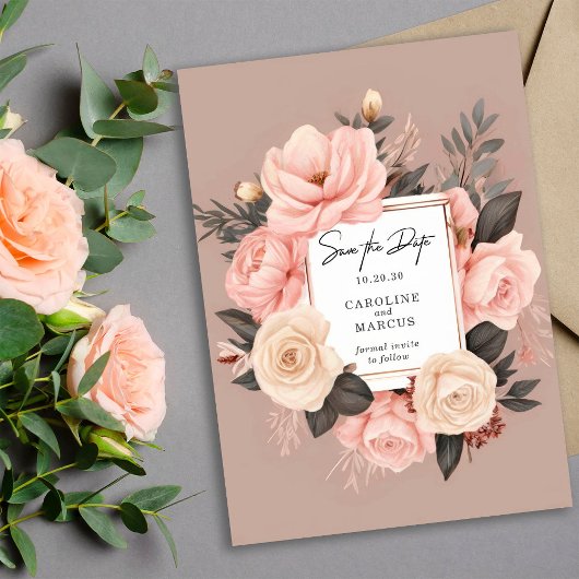 Elegant Stoffig Roze Cream Grijs Bloemen Bruiloft Save The Date