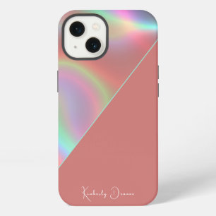 Elegant stoffig roze holografisch notitieboek iPhone 13 hoesje