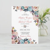 Elegant Stoffig Roze Perzik Blauw Bloemen Bruiloft Kaart (Staand voorkant)