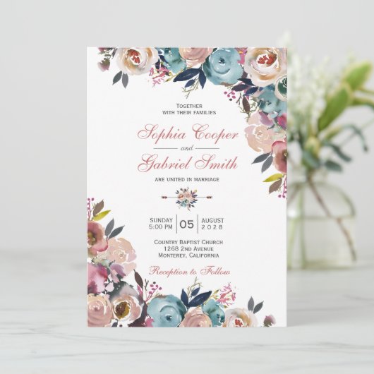 Elegant Stoffig Roze Perzik Blauw Bloemen Bruiloft Kaart (Staand voorkant)