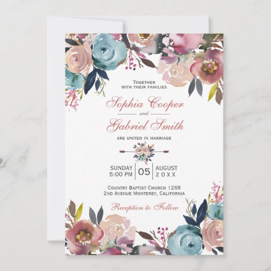 Elegant Stoffig Roze Perzik Blauw Bloemen Bruiloft Kaart (Voorkant)