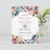 Elegant Stoffig Roze Perzik Blauw Bloemen Bruiloft Kaart (Staand voorkant)