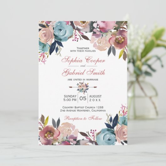 Elegant Stoffig Roze Perzik Blauw Bloemen Bruiloft Kaart (Staand voorkant)