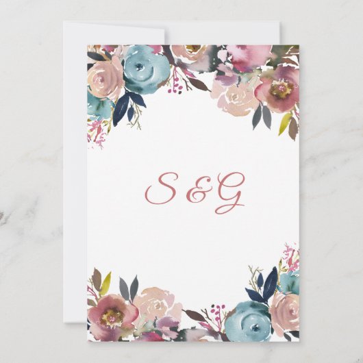 Elegant Stoffig Roze Perzik Blauw Bloemen Bruiloft Kaart (Achterkant)