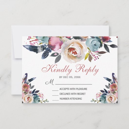 Elegant Stoffig Roze Perzik Blauw Bloemen Bruiloft RSVP Kaartje (Voorkant)