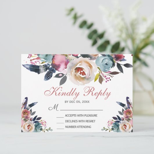 Elegant Stoffig Roze Perzik Blauw Bloemen Bruiloft RSVP Kaartje (Staand voorkant)