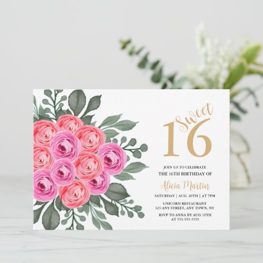 Elegant Stoffig Roze Roze Groen Goud Zoet 16 Kaart (Staand voorkant)