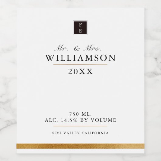 Elegant Strak Zwart Wit Gouden Monogram Wijnlabel Wijn Etiket (Enkel label)