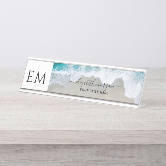 Elegant Strand Blauw Groen Monogram Professional Bureau Naambordje (Voorkant)