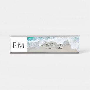 Elegant Strand Blauw Groen Monogram Professional Bureau Naambordje