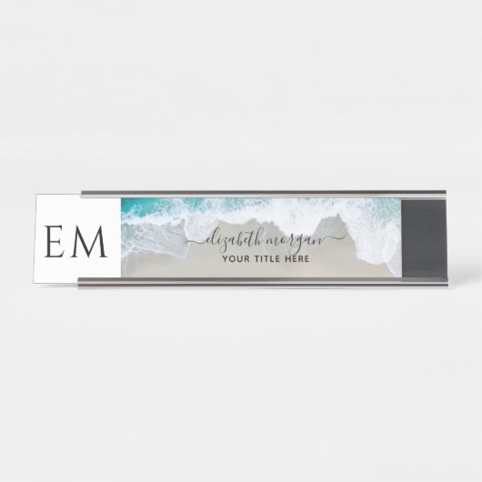 Elegant Strand Blauw Groen Monogram Professional Bureau Naambordje (Voorkant)