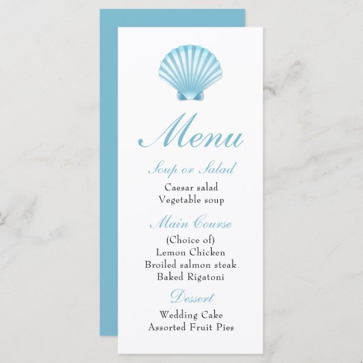 Elegant Strand Blauw Nautische Zeeschelp Trouwmenu Menu (Voorkant / Achterkant)