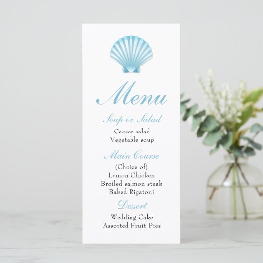 Elegant Strand Blauw Nautische Zeeschelp Trouwmenu Menu (Staand voorkant)