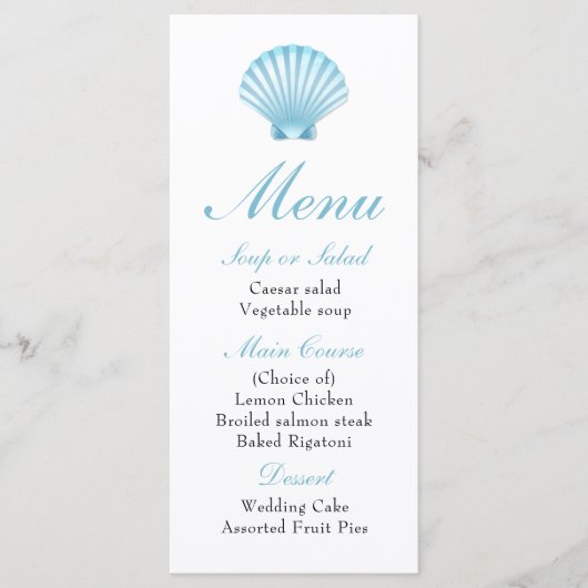 Elegant Strand Blauw Nautische Zeeschelp Trouwmenu Menu (Voorkant)