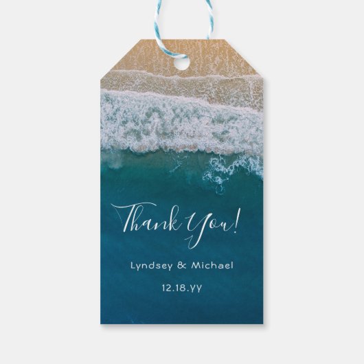 Elegant strand blauwe oceaan dank u bruiloft gunst cadeaulabel (Achterkant)