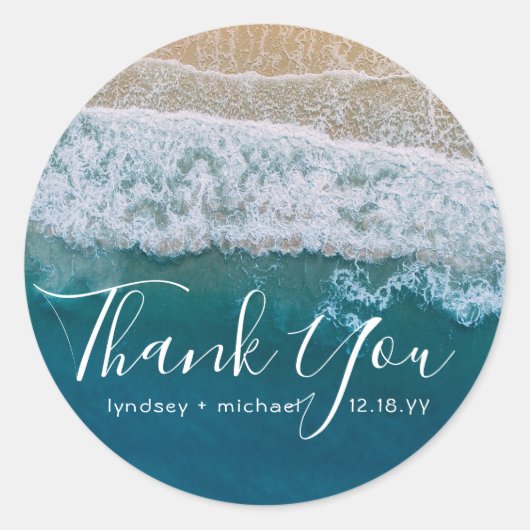 Elegant strand blauwe oceaan dank u bruiloft gunst ronde sticker (Voorkant)