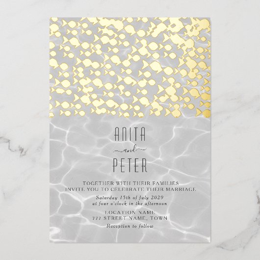 Elegant strand bruiloft goud folie uitnodiging (Voorkant)