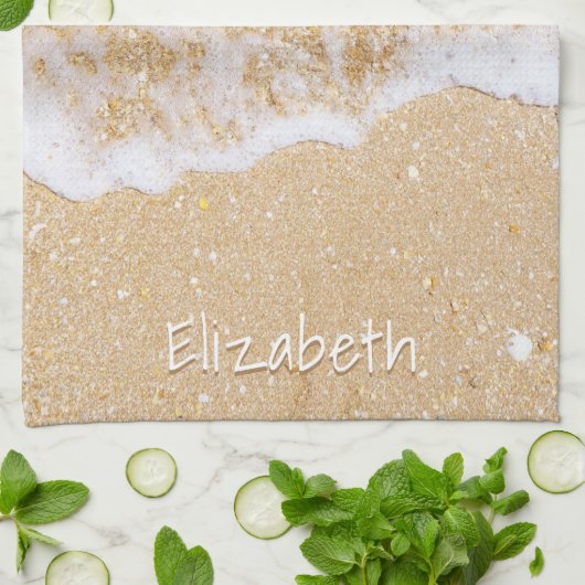 Elegant Strand en Zee Gepersonaliseerde Naam Theedoek (Gevouwen)