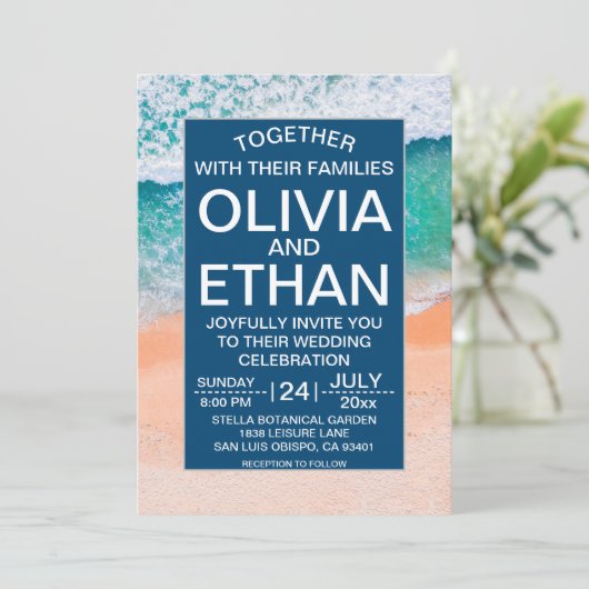 Elegant strand marineblauw Zee golven zomerbruilof Kaart (Staand voorkant)