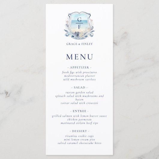 Elegant strand Monogram Crest bruiloft Menu (Voorkant)