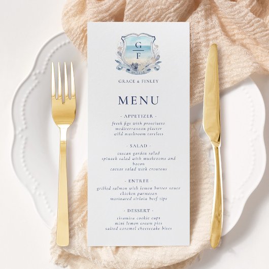 Elegant strand Monogram Crest bruiloft Menu
