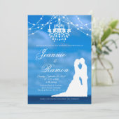 Elegant Strand, Paar & Kroonluchter Zomer Bruiloft Kaart (Staand voorkant)