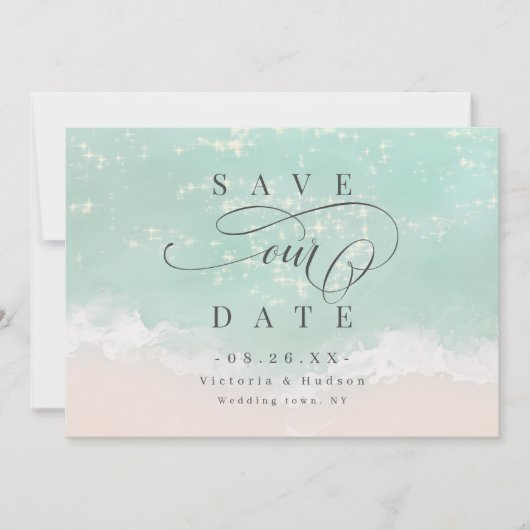 Elegant strand voor abstracte mousserende oceaan save the date (Voorkant)