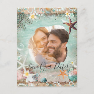 Elegant Strand Zee Zeesterren Parels Save Date Fot Aankondigingskaart