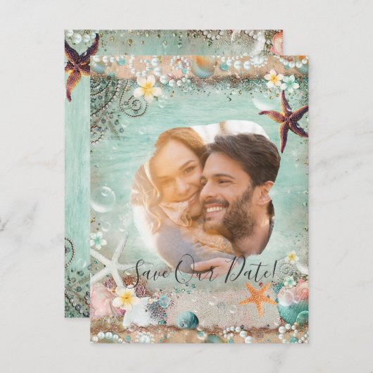 Elegant Strand Zee Zeesterren Parels Save Date Fot Aankondigingskaart (Voorkant / Achterkant)