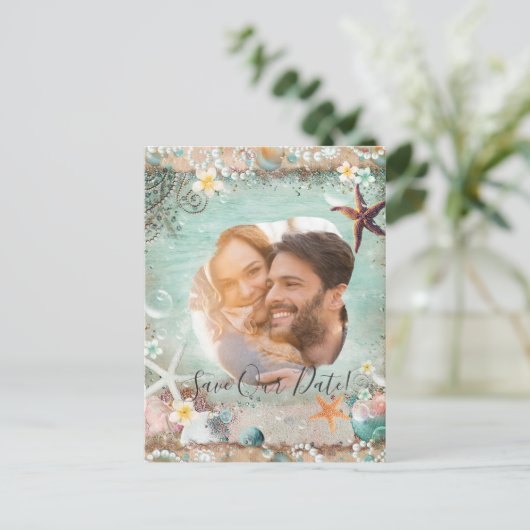 Elegant Strand Zee Zeesterren Parels Save Date Fot Aankondigingskaart (Staand voorkant)
