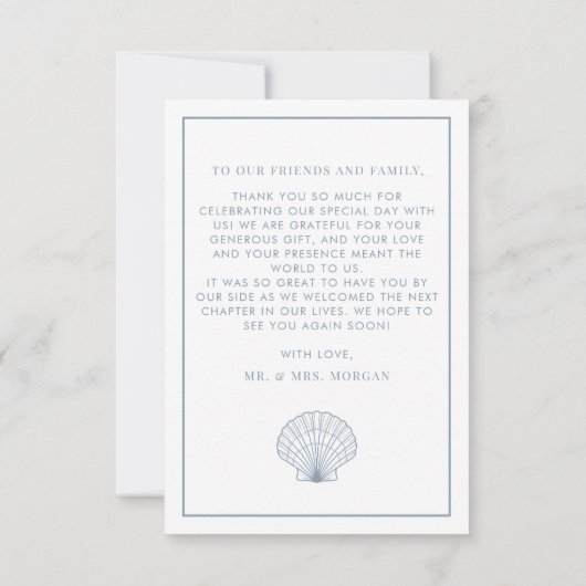 Elegant strand zeeschelp stoffige blauwe bruiloft bedankkaart (Achterkant)