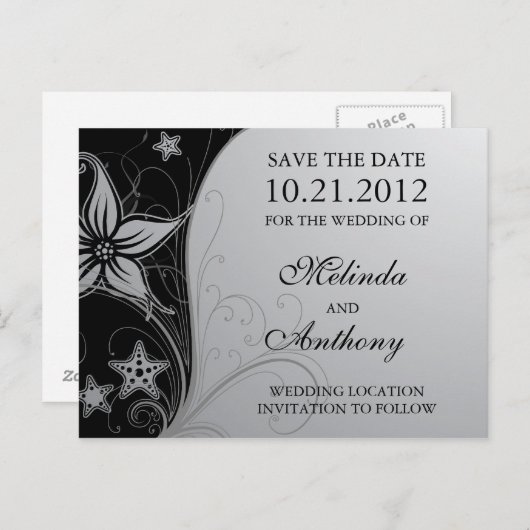 Elegant Strand Zeester & Bloemen Trouwen Save Datu Aankondigingskaart (Voorkant / Achterkant)