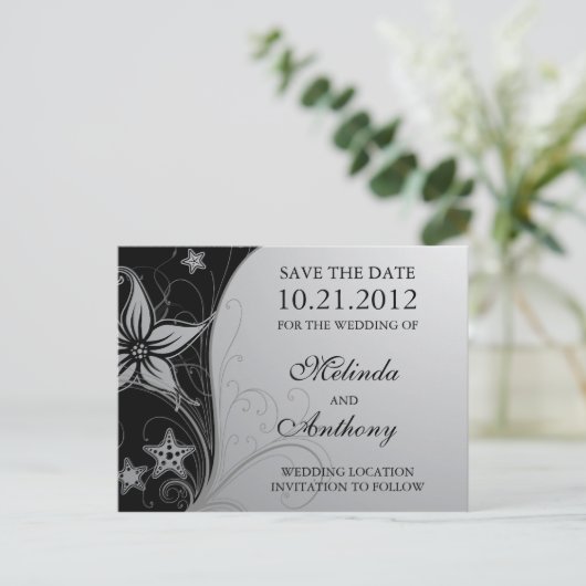 Elegant Strand Zeester & Bloemen Trouwen Save Datu Aankondigingskaart (Staand voorkant)