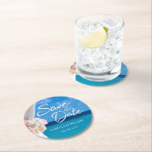 Elegant strand zomer save the date ronde kartonnen onderzetter (Insitu)