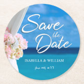 Elegant strand zomer save the date ronde kartonnen onderzetter (Voorkant)