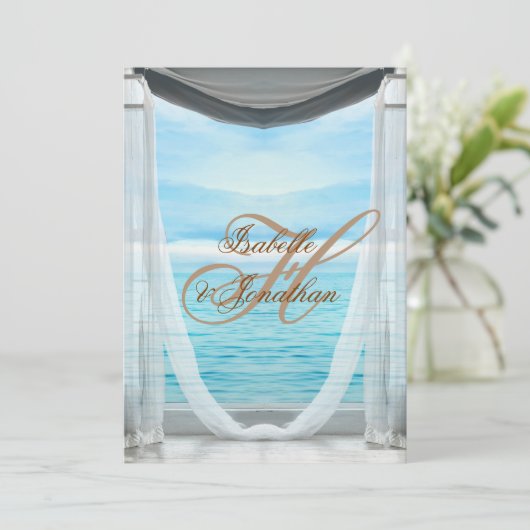 Elegant strandbruiloft en koperkalligrafie kaart (Staand voorkant)