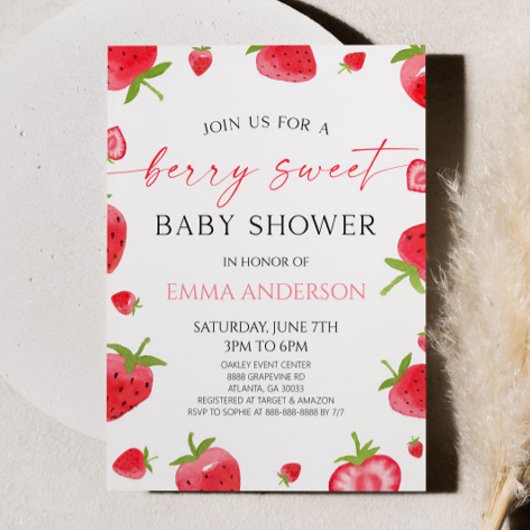 Elegant Strawberry A Berry Sweet Baby Shower Kaart