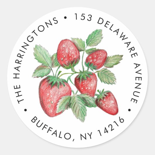 Elegant  Strawberry Art Retouradres Ronde Sticker (Voorkant)