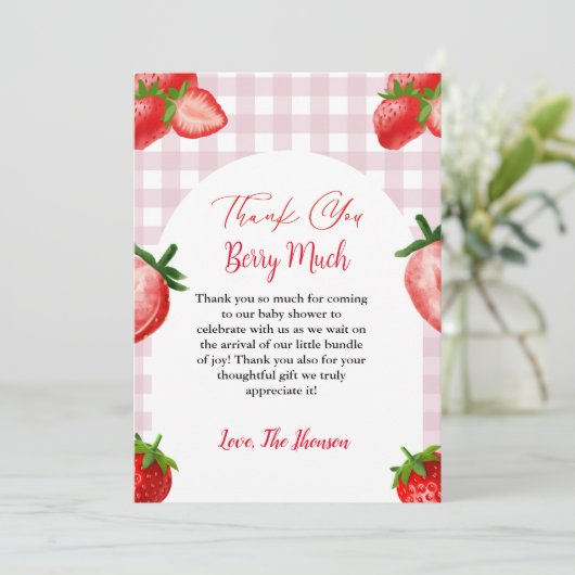 Elegant Strawberry baby shower bedankje Aankondiging (Staand voorkant)