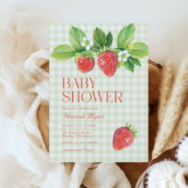 Elegant Strawberry Green Gingham Baby shower Kaart