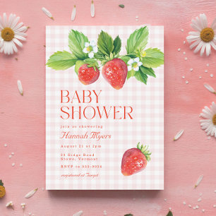 Elegant Strawberry Pink Gingham Girl Baby shower Kaart