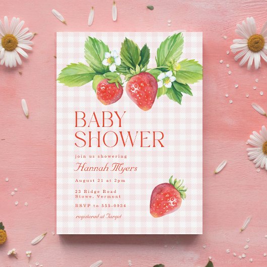 Elegant Strawberry Pink Gingham Girl Baby shower Kaart