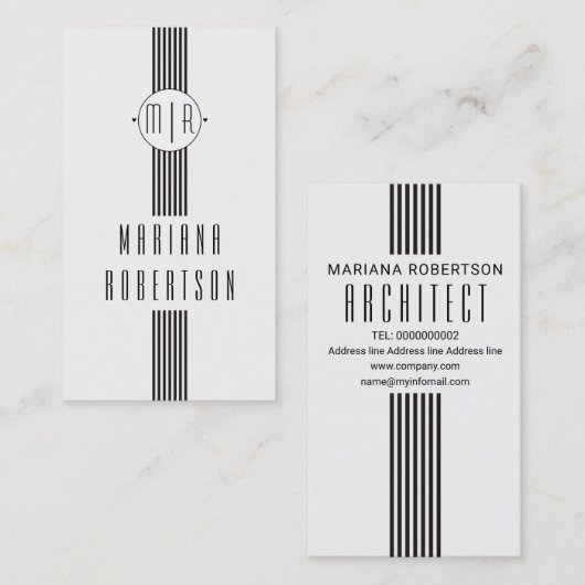 Elegant strepen en zwart-wit monogram visitekaartje (Voorkant / Achterkant)