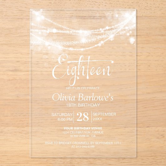 Elegant String Lights 18e Verjaardagsfeest Acryl Uitnodigingen (Voorkant)