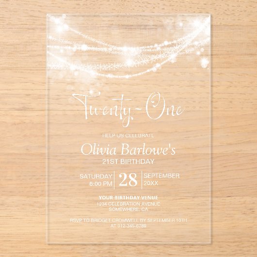 Elegant String Lights 21ste Verjaardagsfeest Acryl Uitnodigingen (Voorkant)