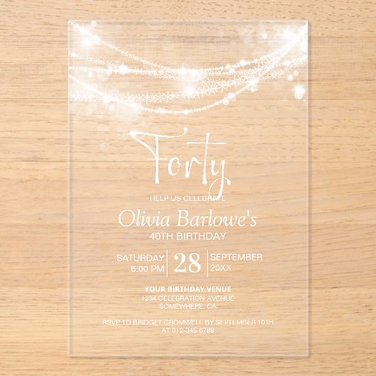 Elegant String Lights 40e Verjaardagsfeest Acryl Uitnodigingen (Voorkant)