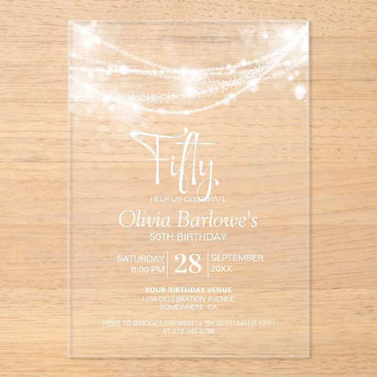 Elegant String Lights 50ste Verjaardagsfeest Acryl Uitnodigingen (Voorkant)